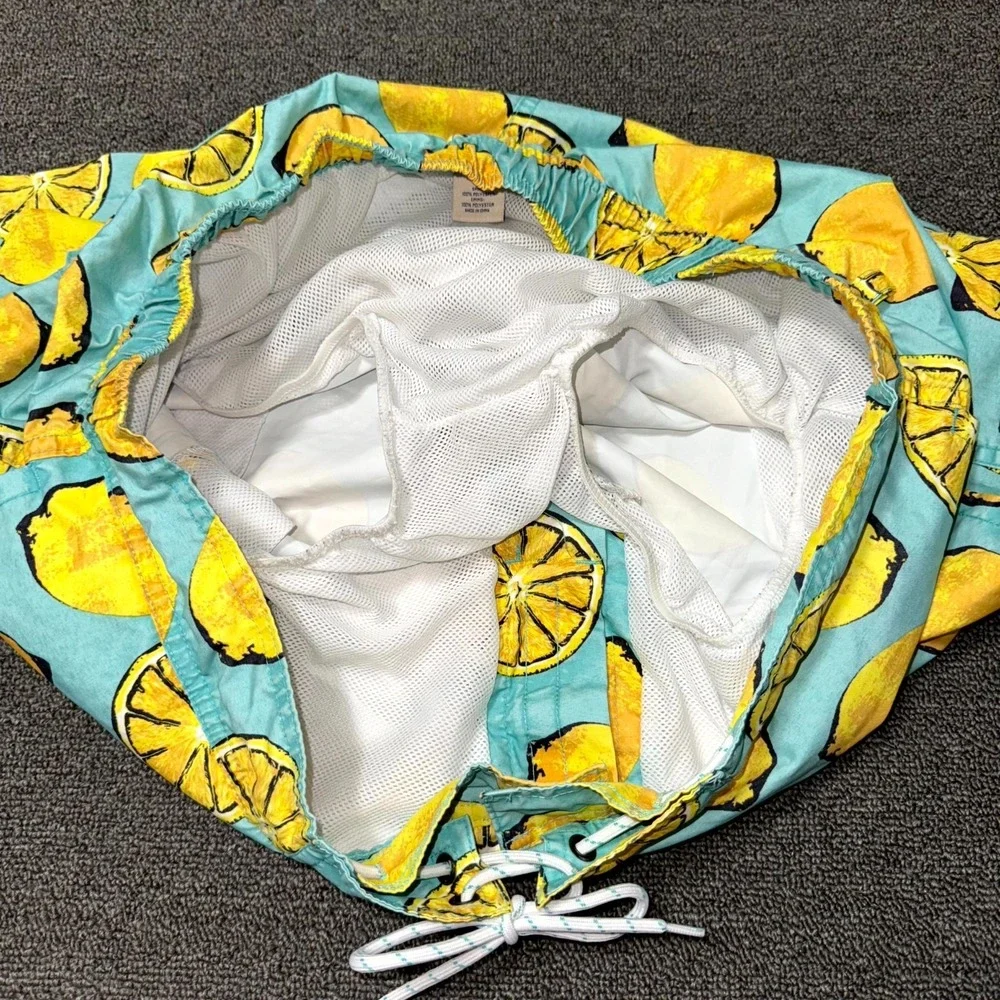 St. John's Bay Swim Shorts Mens XL Blue Yellow Allover Lemon Print Swimwear